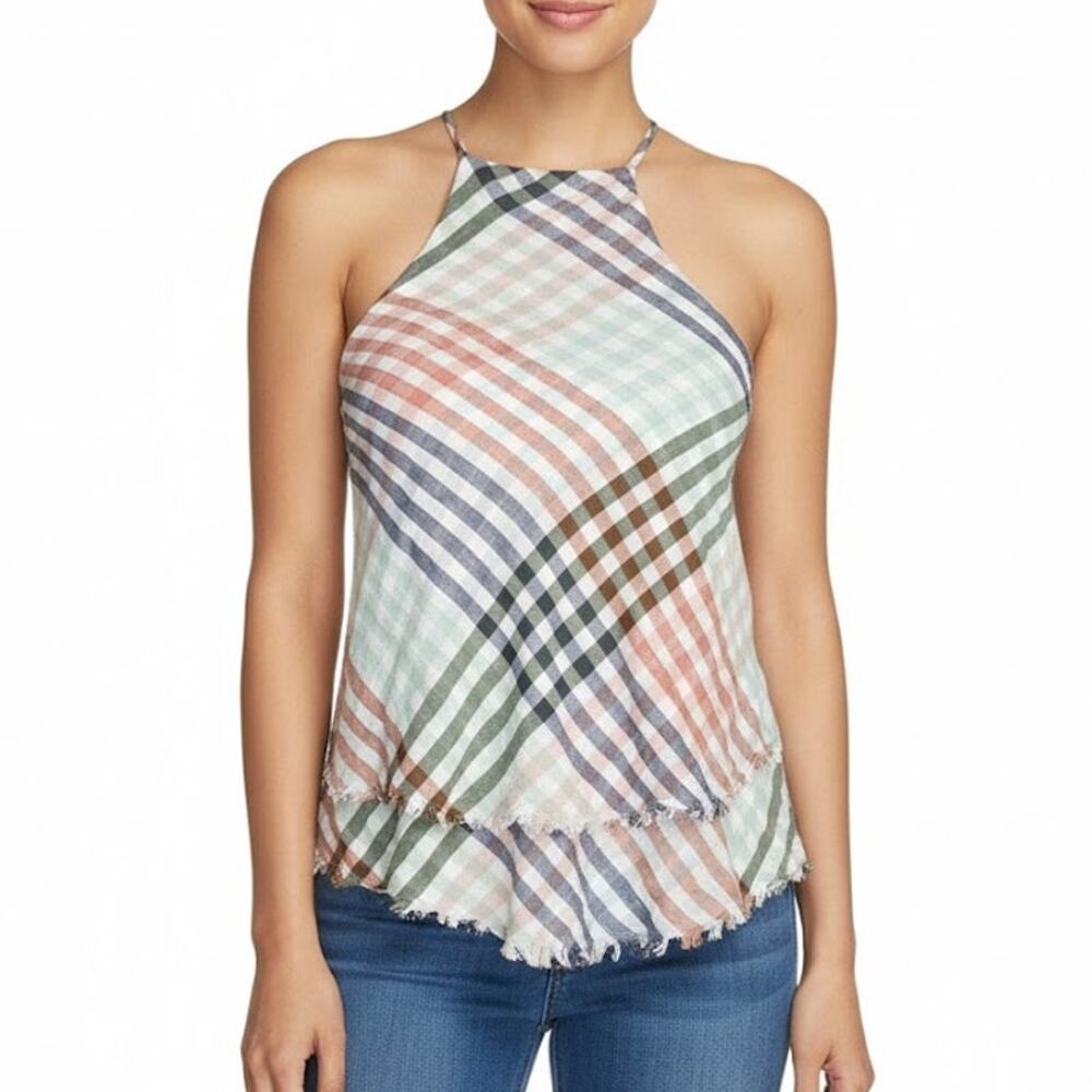 American Eagle plaid high neck frayed swing tank top women's XS